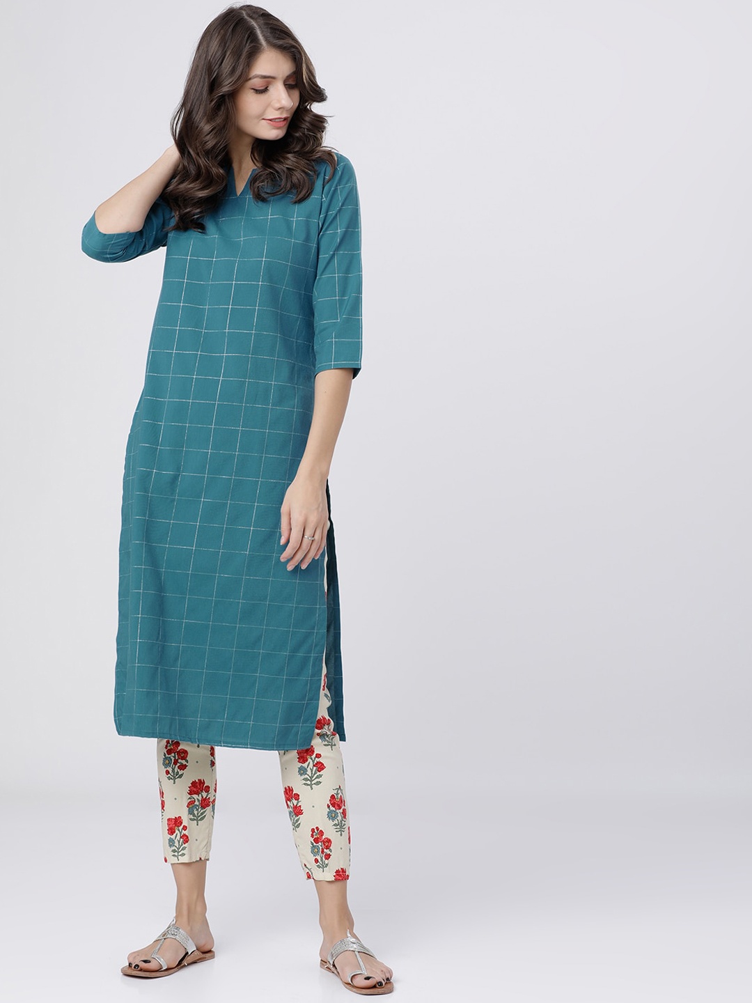 

Vishudh Women Blue Checked Kurta