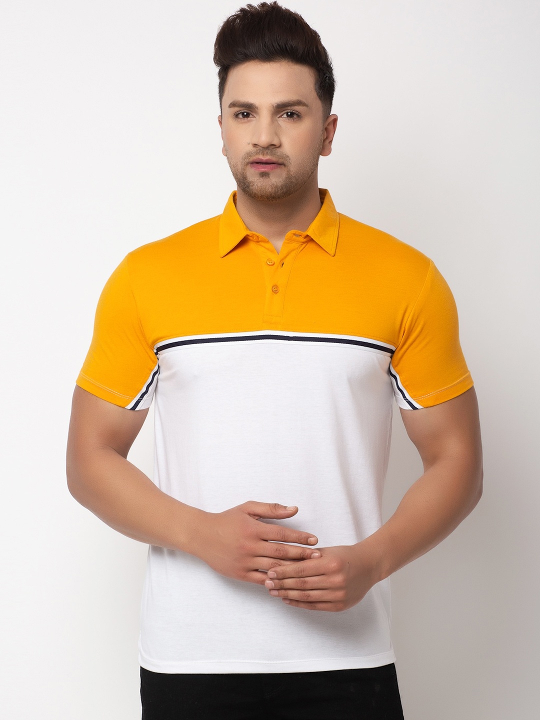 

WILD WEST Men Yellow Colourblocked Polo Collar T-shirt