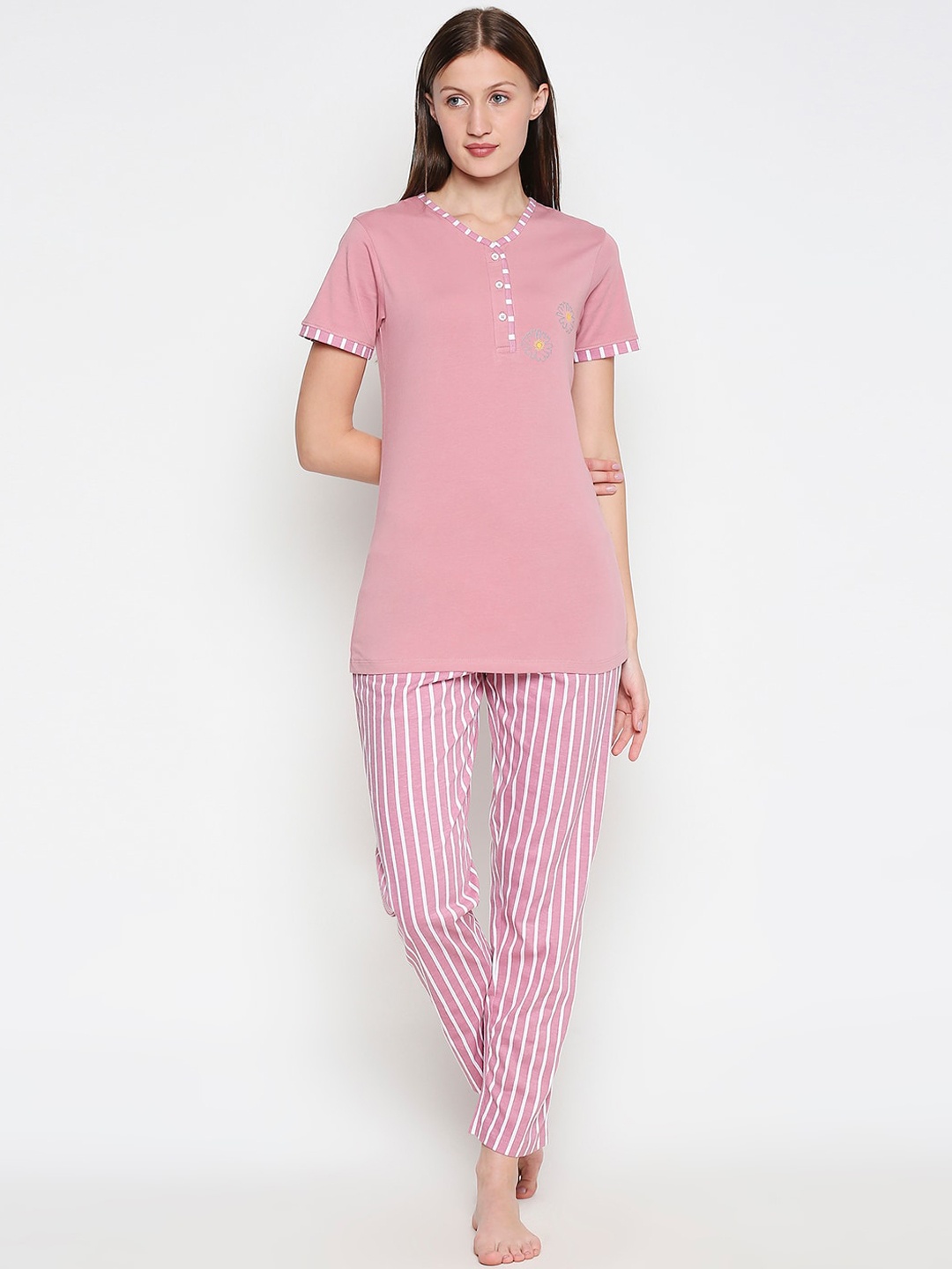

XIN Women Pink & White Tshirt & Cotton Pyjama Set