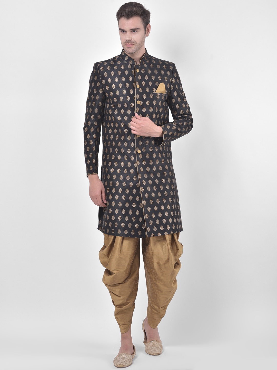 

DEYANN Men Black & Gold-Coloured Printed Sherwani With Dhoti Pants