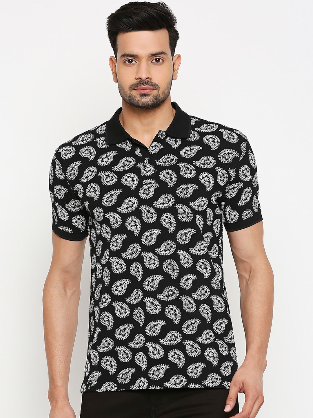 

Mufti Men Black Printed Polo Collar T-shirt