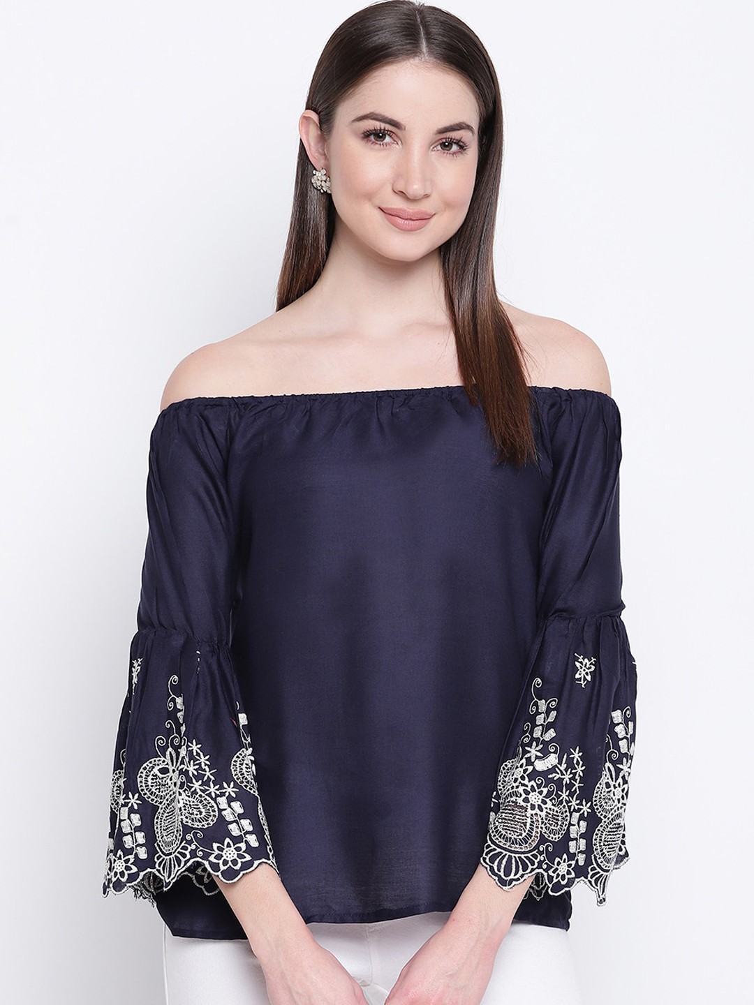 

Mayra Navy Blue & White Off-Shoulder Bell Sleeves Bardot Top
