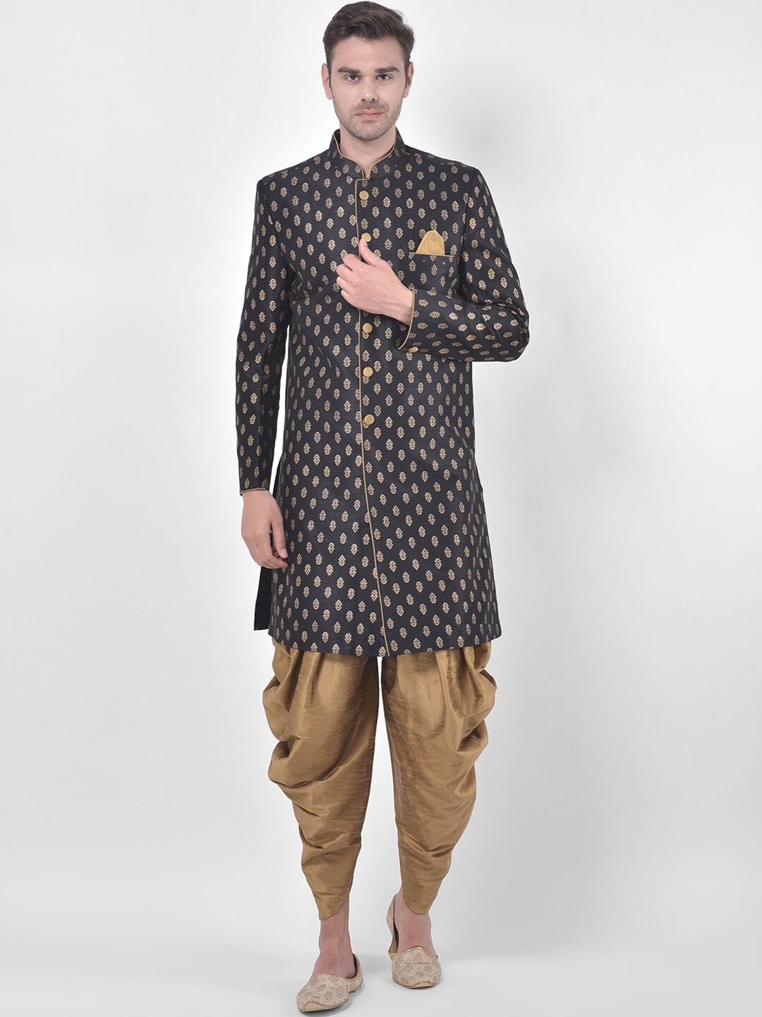 

DEYANN Men Black & Gold-Coloured Printed Sherwani With Dhoti Pants