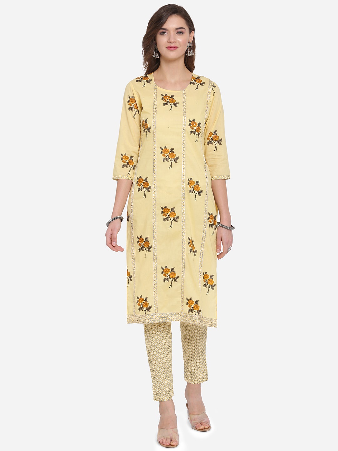 Mirchi Fashion Women Yellow Printed Kurta with Trousers