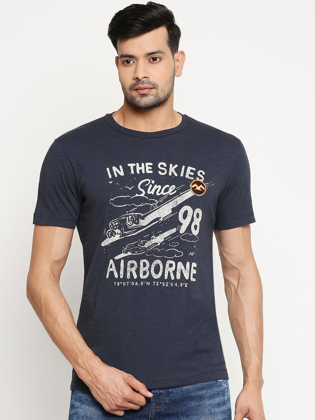 

Mufti Men Navy Blue Printed Round Neck T-shirt