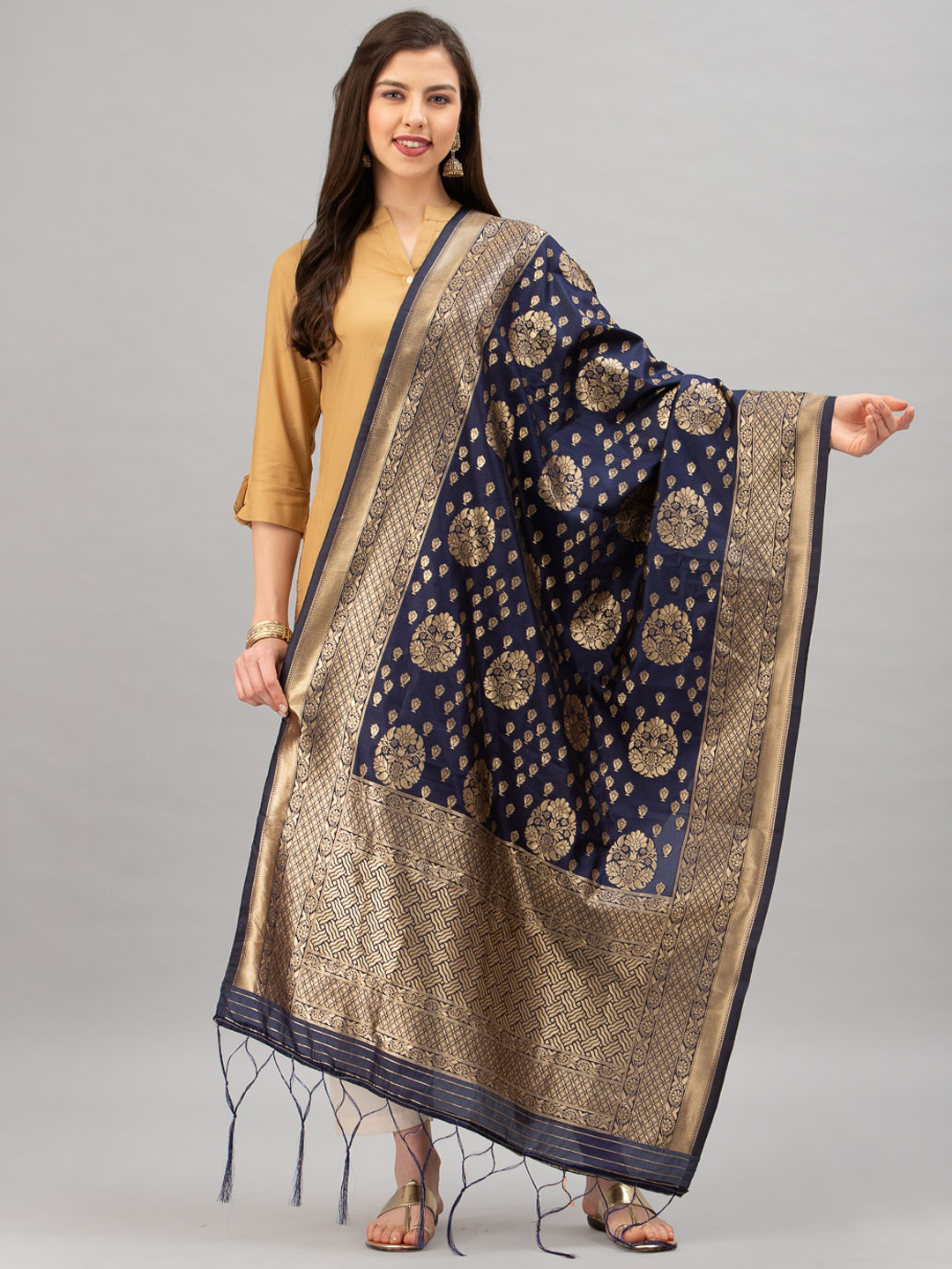 

Satrani Navy Blue & Gold-Coloured Woven Design Jacquard Banarasi Dupatta