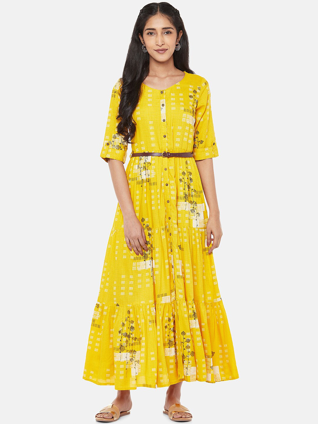 

AKKRITI BY PANTALOONS Women Mustard Yellow & Off-White Floral Printed Maxi Dress