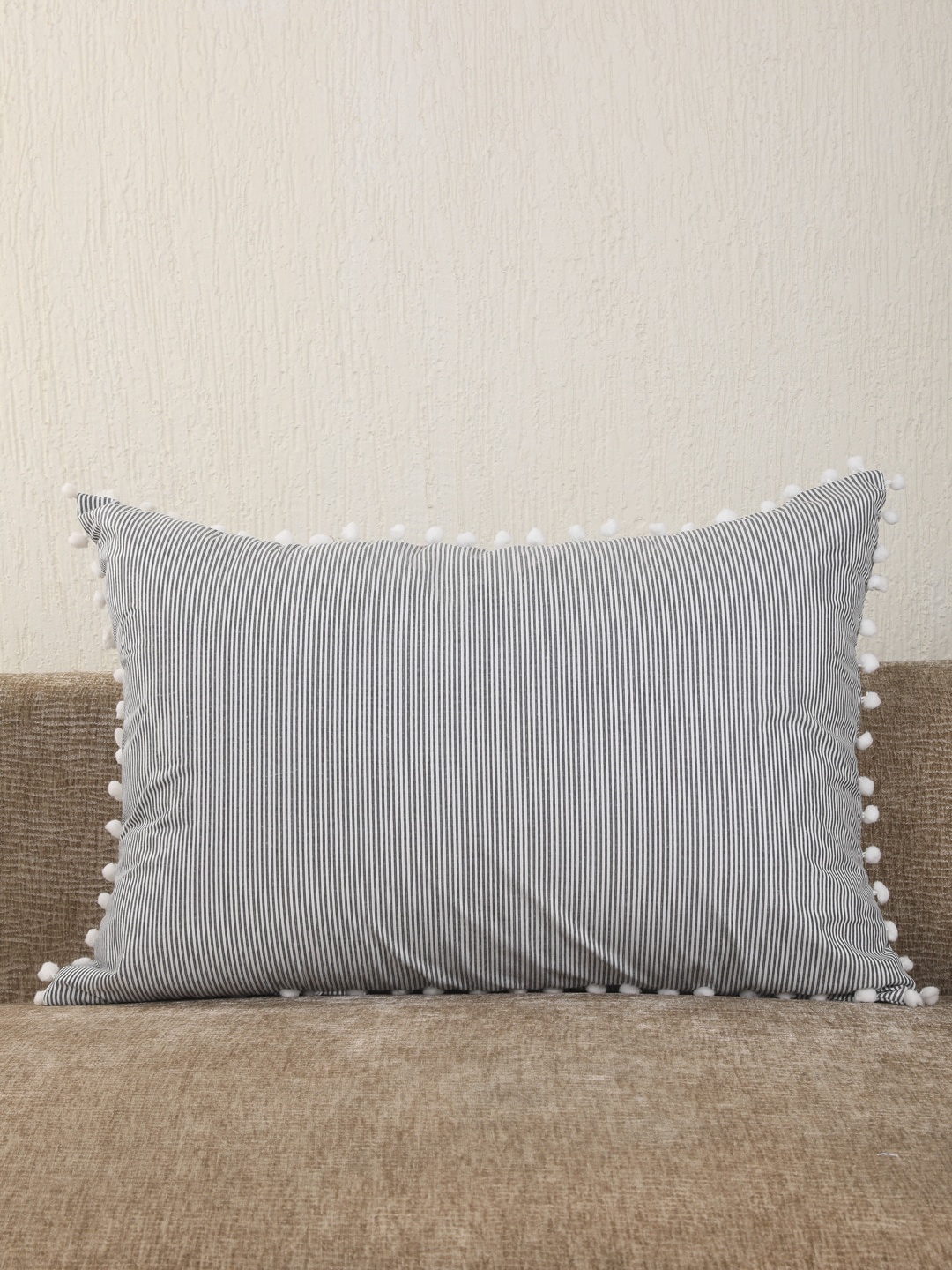 

My Gift Booth Grey & White Striped Pom Pom Rectangular Pillow Cover