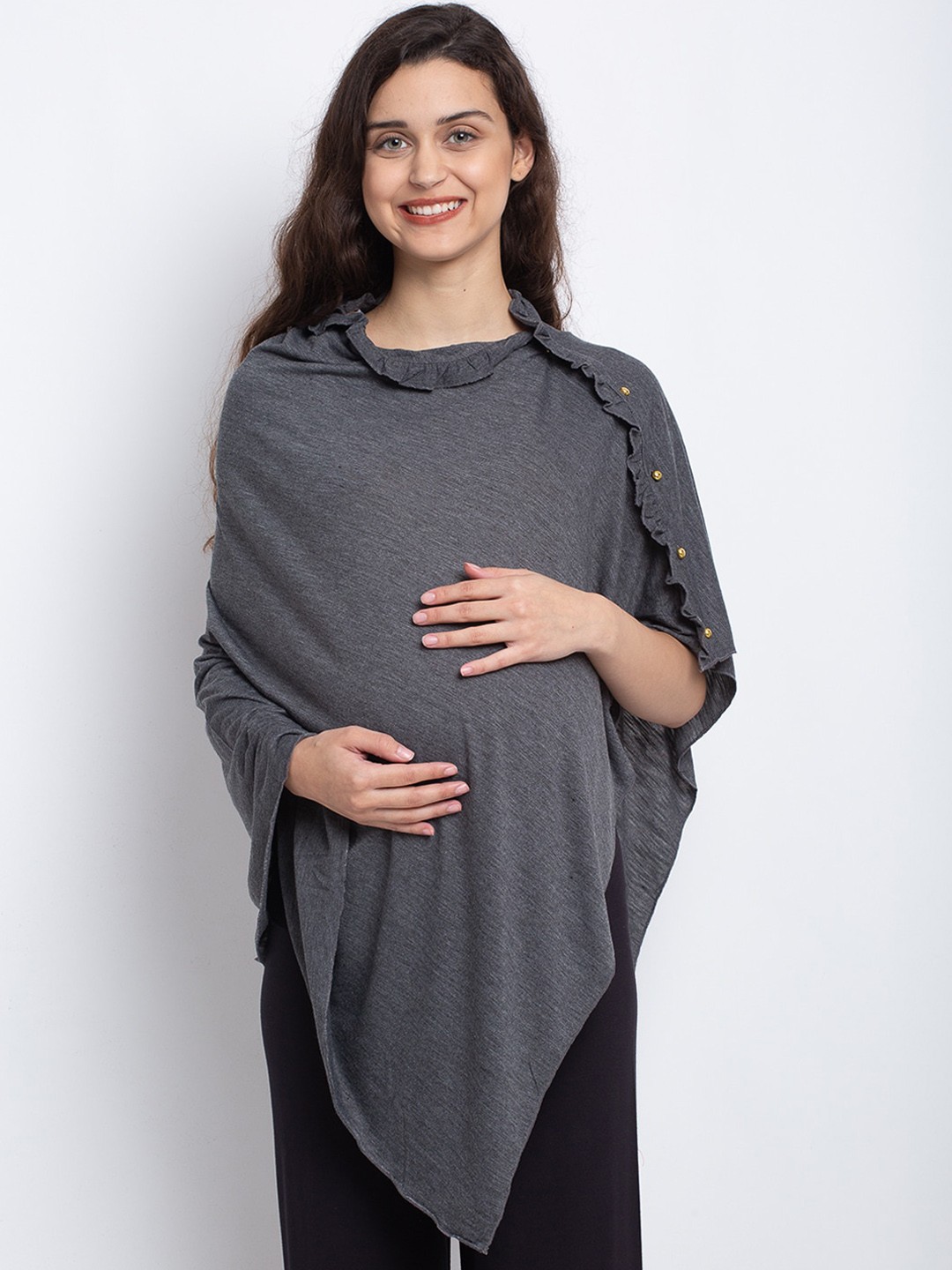 Tiara Women Grey Solid Maternity Nursing Poncho