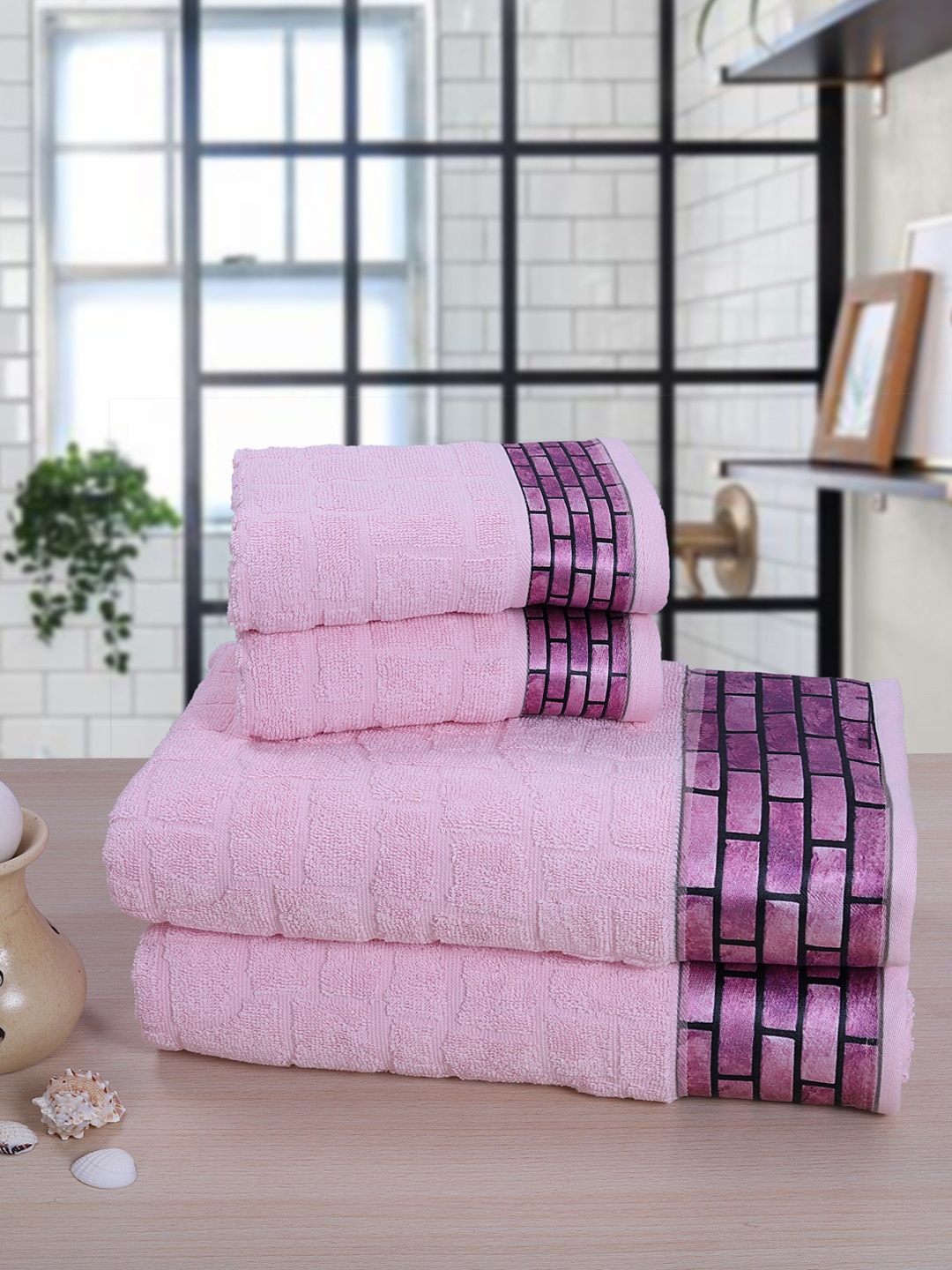 RANGOLI Set Of 4 Pink & Purple Self Design 550 GSM Towels
