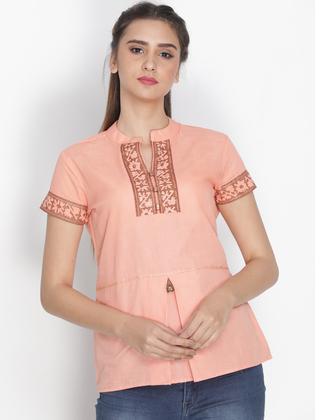 

Nakshi Peach-coloured Floral Printed Mandarin Collar Pure Cotton Regular Top