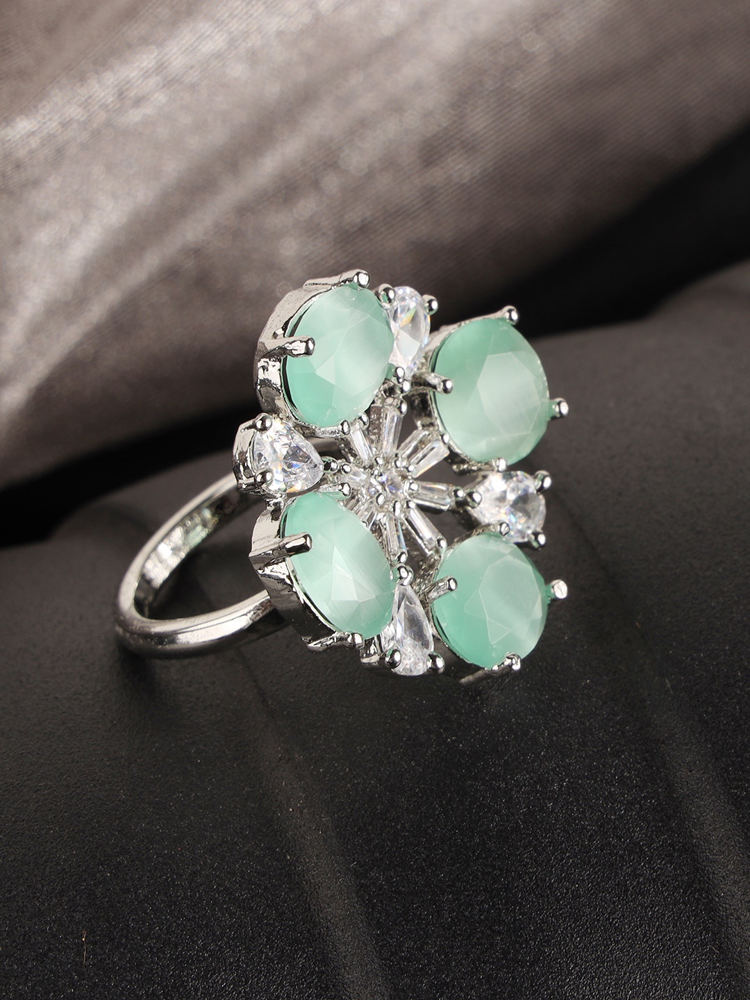 

ANIKAS CREATION Silver-Plated Sea Green & White AD-Studded Finger Ring