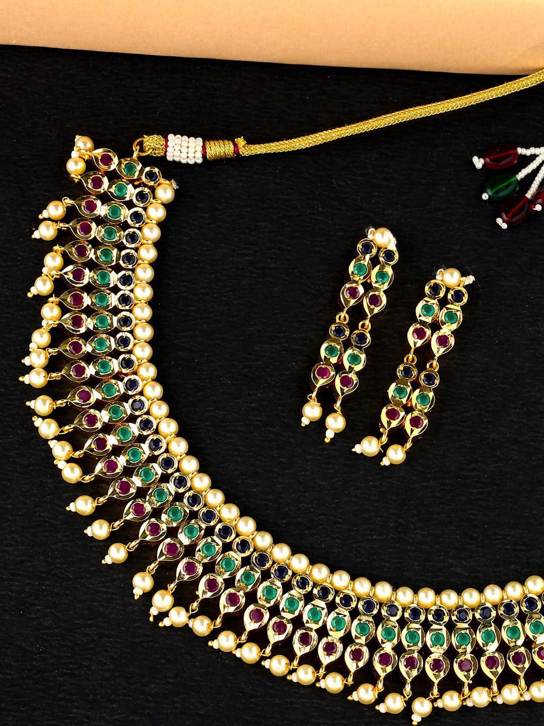 

THE AAB STUDIO Gold-Plated Green & Pink Stone-Studded Pearl Beaded Handcrafted Jadau Jewellery Set