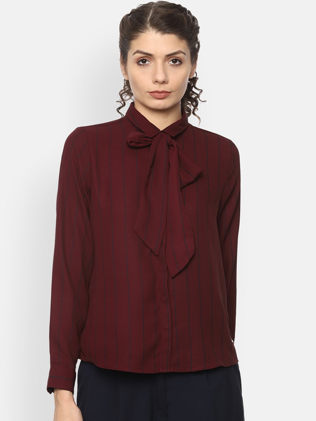 

Van Heusen Woman Women Maroon & Blue Regular Fit Striped Casual Shirt