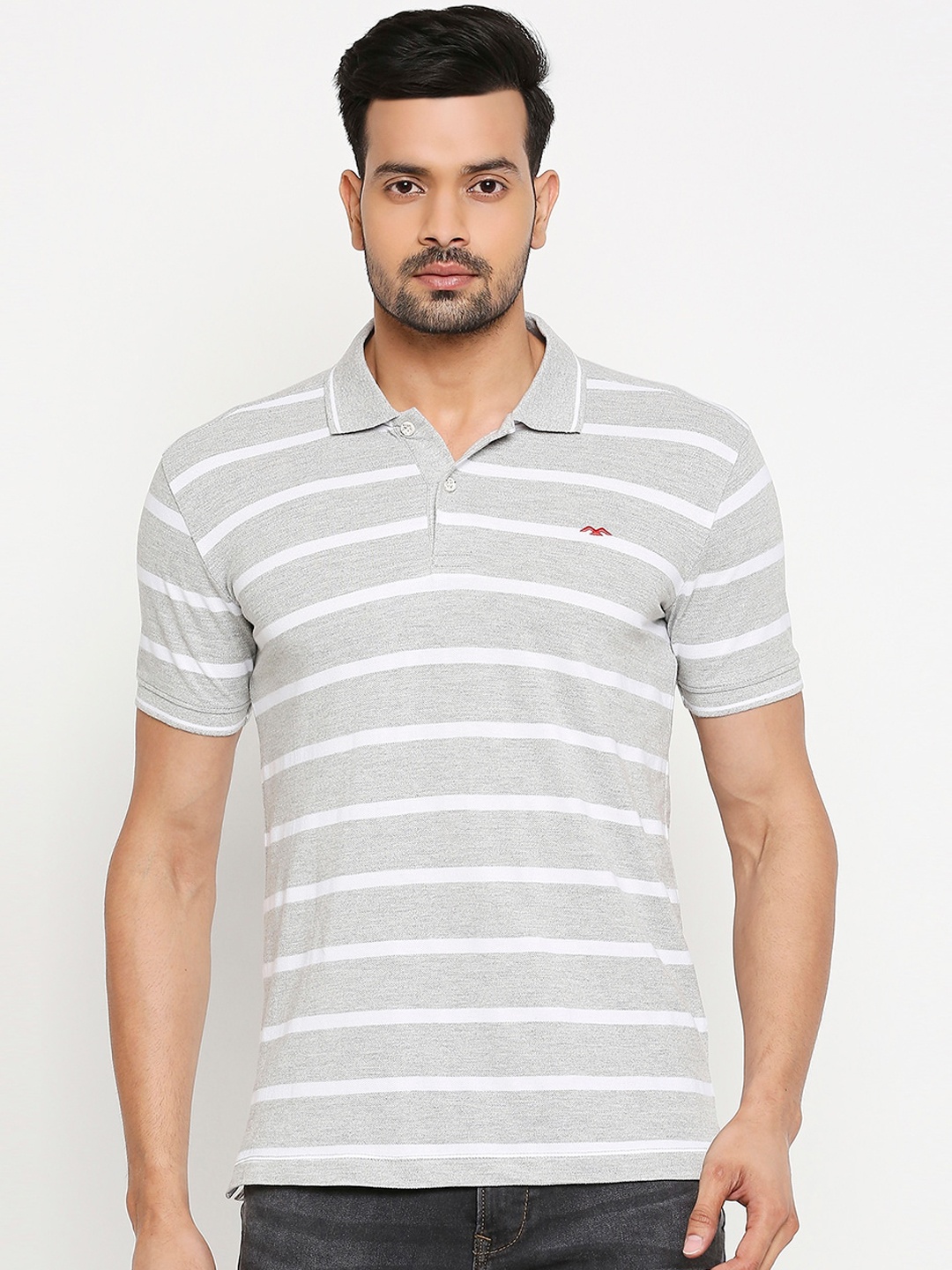 

Mufti Men Grey Striped Polo Collar Pure Cotton T-shirt