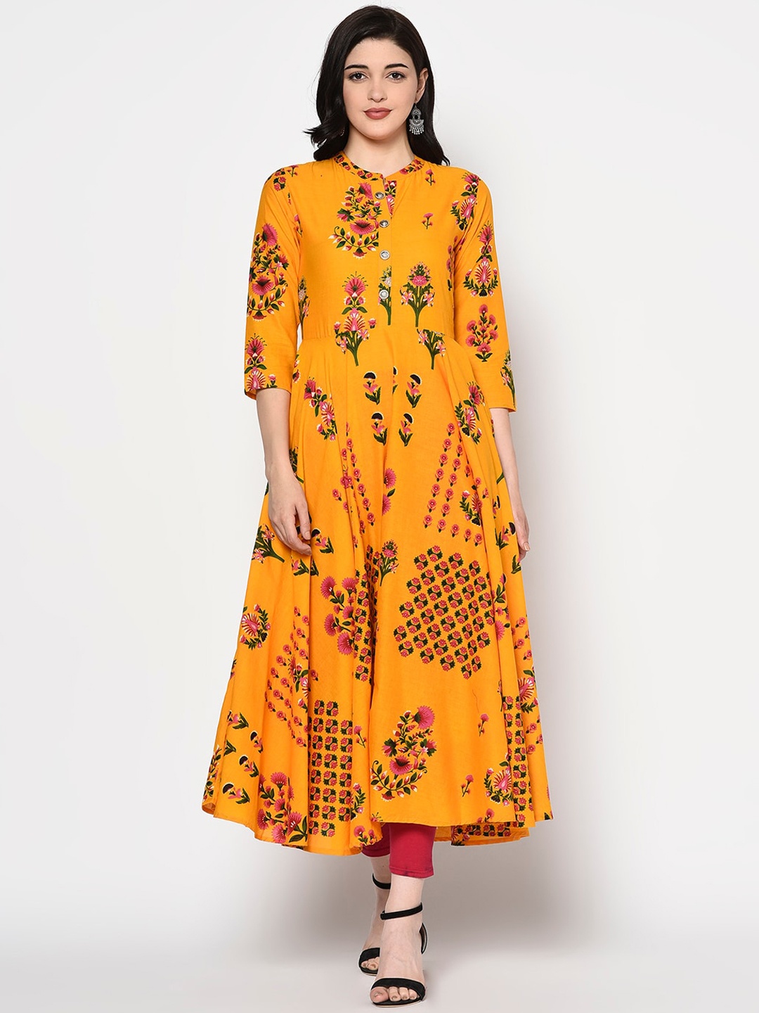 

Gulmohar Jaipur Women Yellow & Green Floral Printed Band Collar Anarkali Kurta