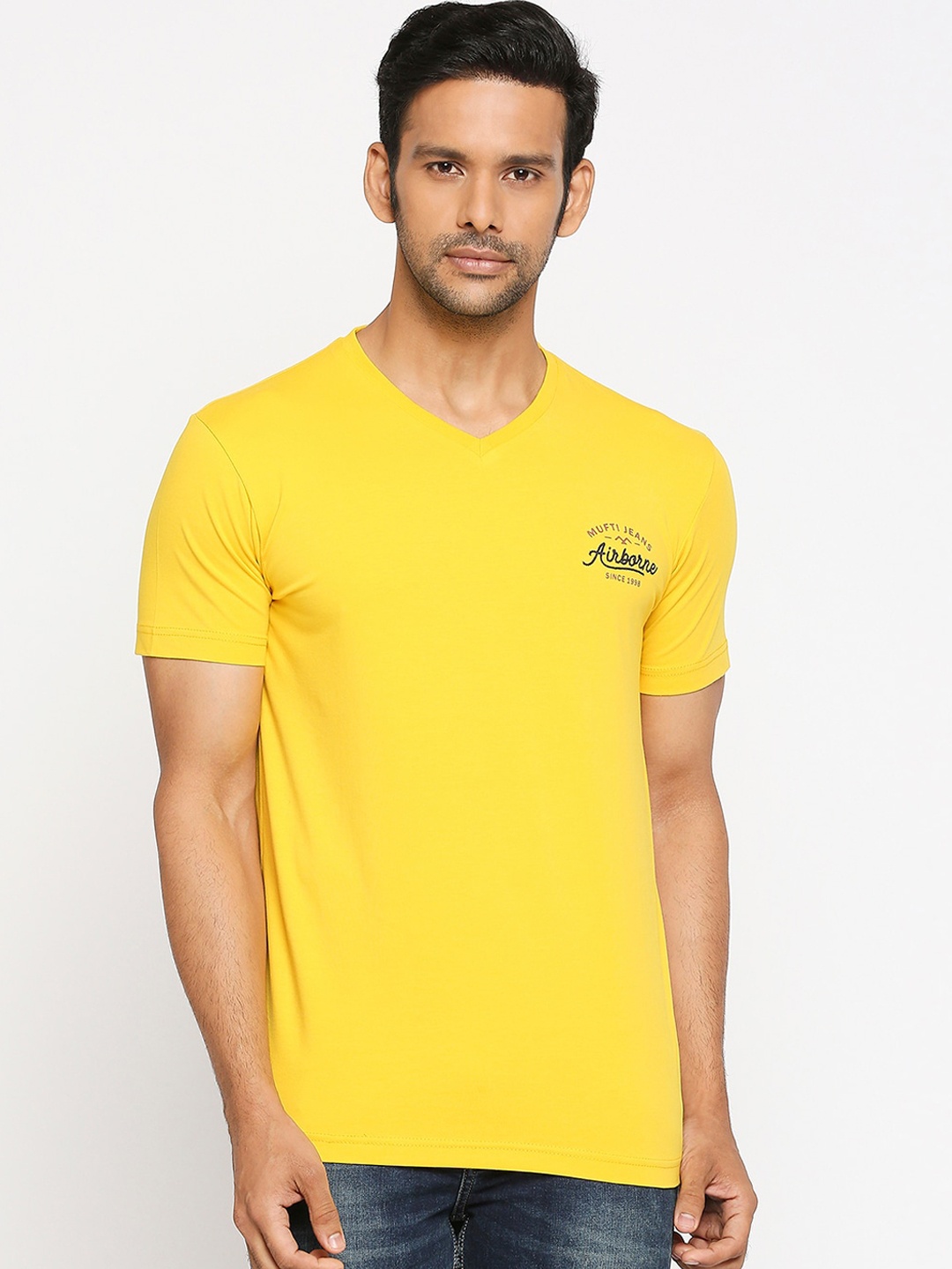 

Mufti Men Yellow Solid V-Neck T-shirt