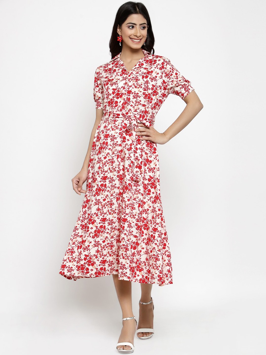 

Style Quotient Women Off-White & Red Floral Printed Shirt Dress