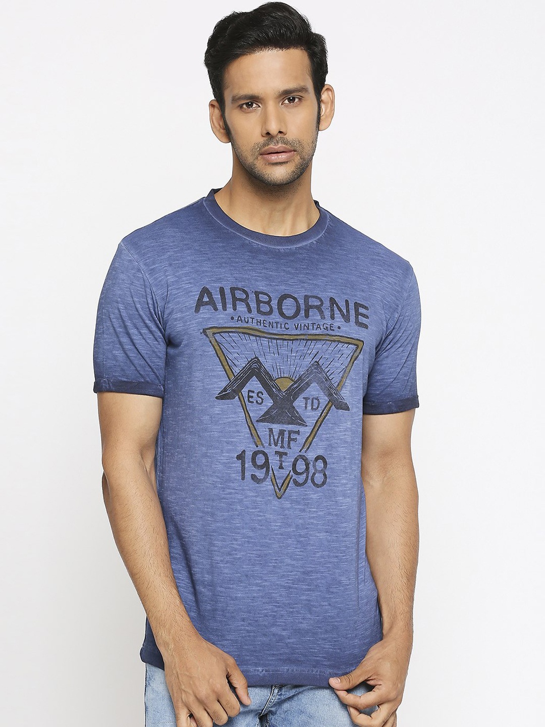 

Mufti Men Blue Printed Round Neck Pure Cotton T-shirt
