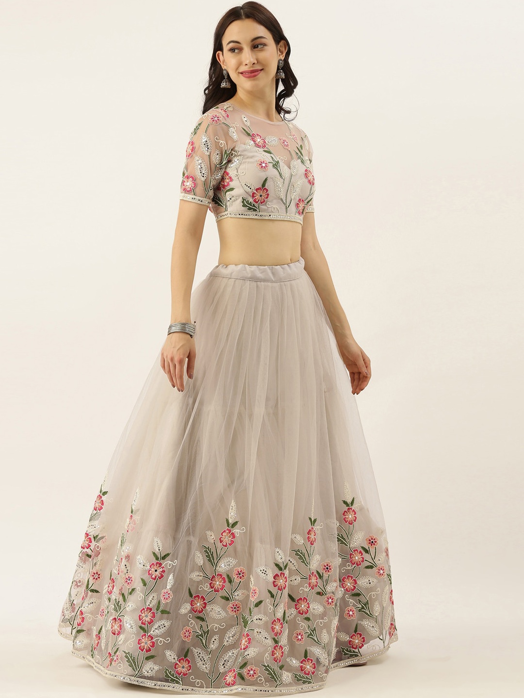 

panchhi Grey & Peach-Coloured Embroidered Thread Work Semi-Stitched Lehenga & Unstitched Blouse With Dupatta