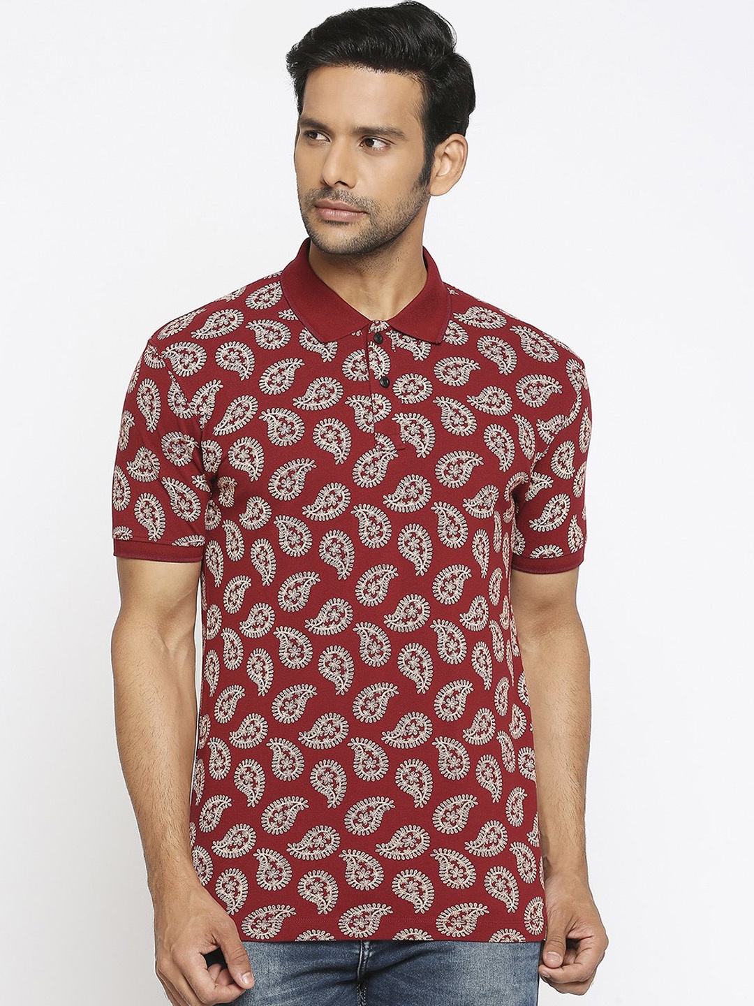

Mufti Men Maroon Printed Polo Collar T-shirt