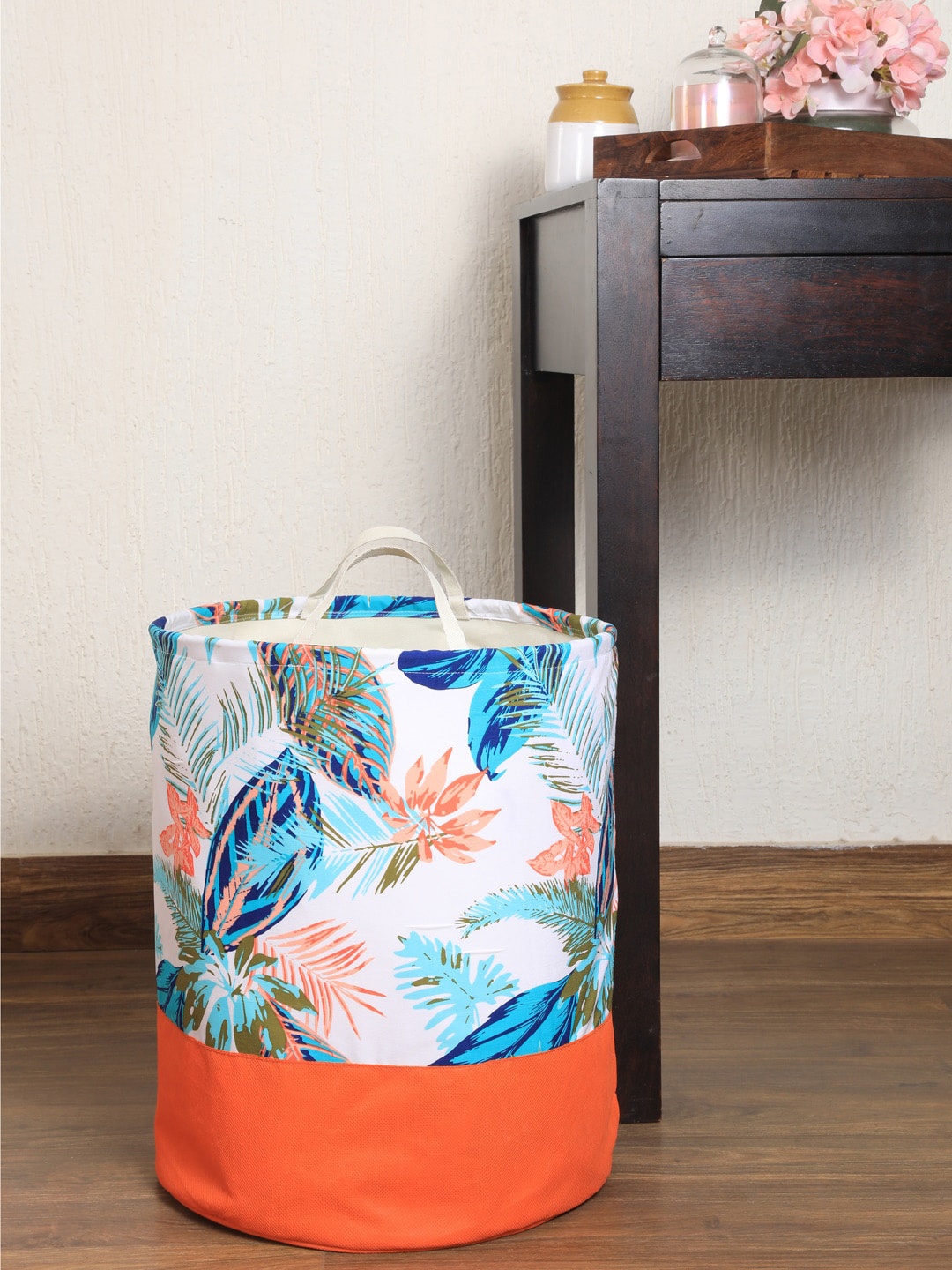 

My Gift Booth White & Orange Leaf Printed Laundry Bag With Handles