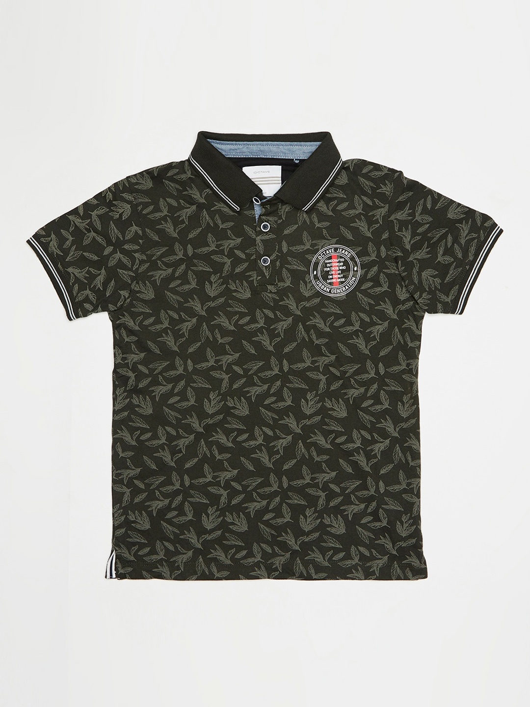 

Octave Boys Olive Green Floral Printed Polo Collar Tshirt