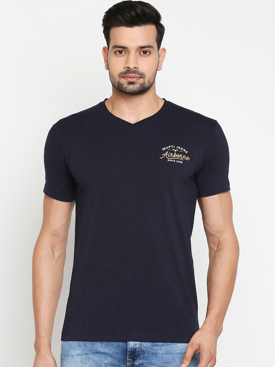 

Mufti Men Navy Blue Solid V-Neck T-shirt