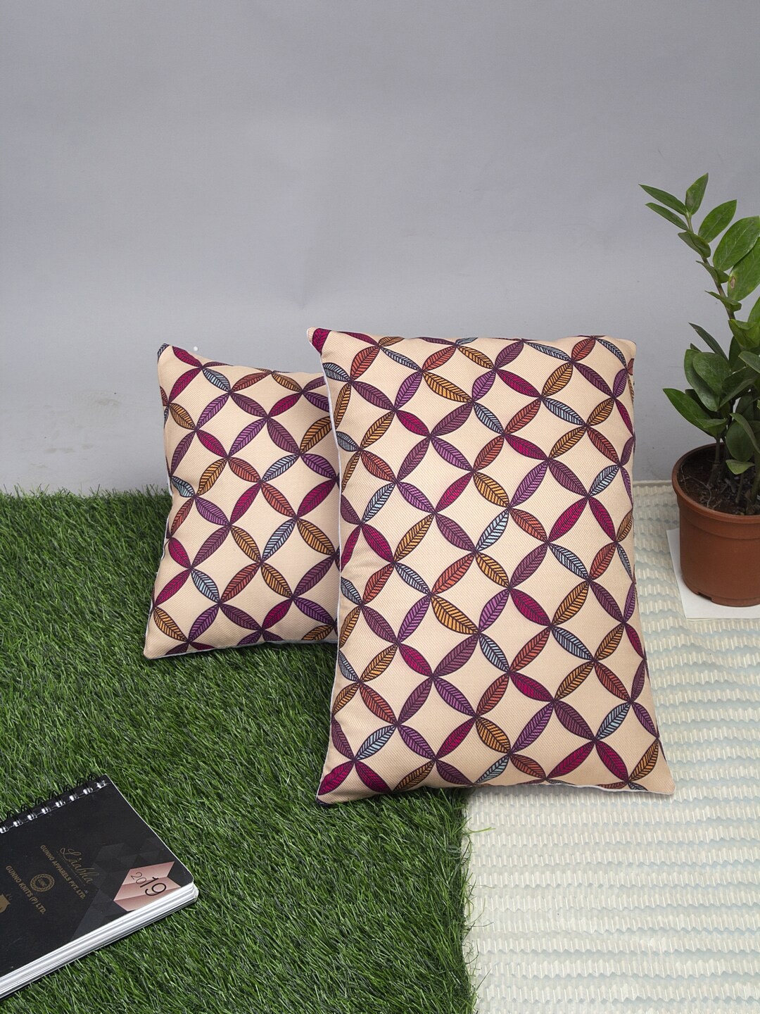 

Alina decor Set Of 2 Beige & Pink Geometric Rectangle Cushion Covers