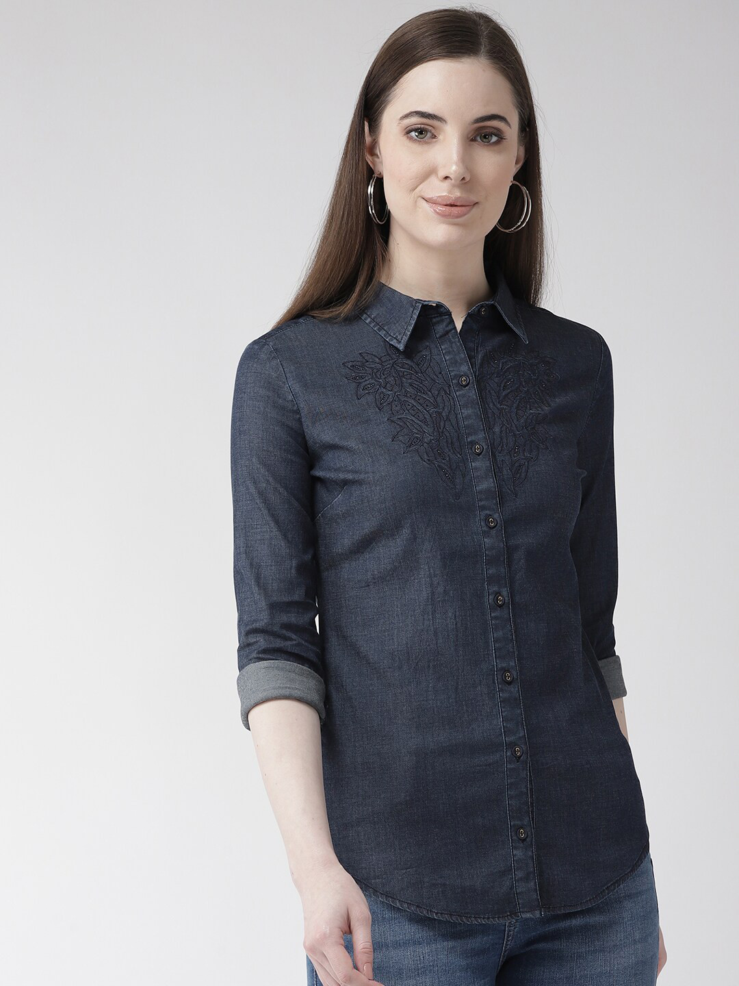 

Xpose Women Navy Blue Regular Fit Solid Casual Denim Shirt