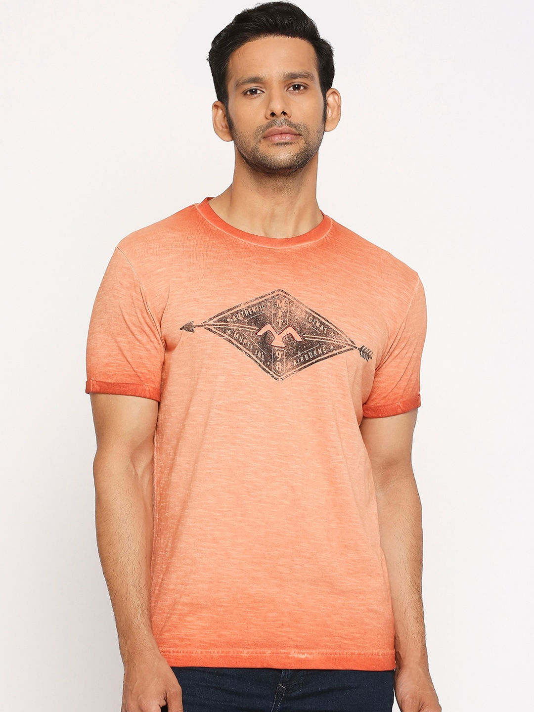 

Mufti Men Orange Grey Printed Round Neck Pure Cotton T-shirt