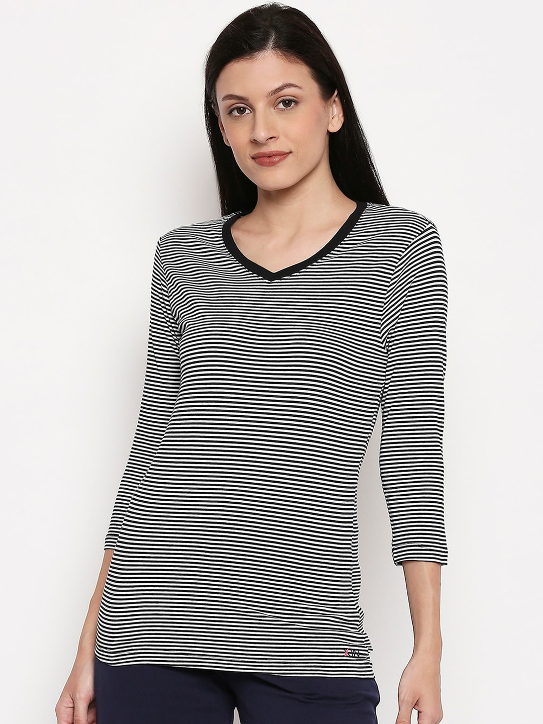 

XIN Women Black Striped V-Neck T-shirt
