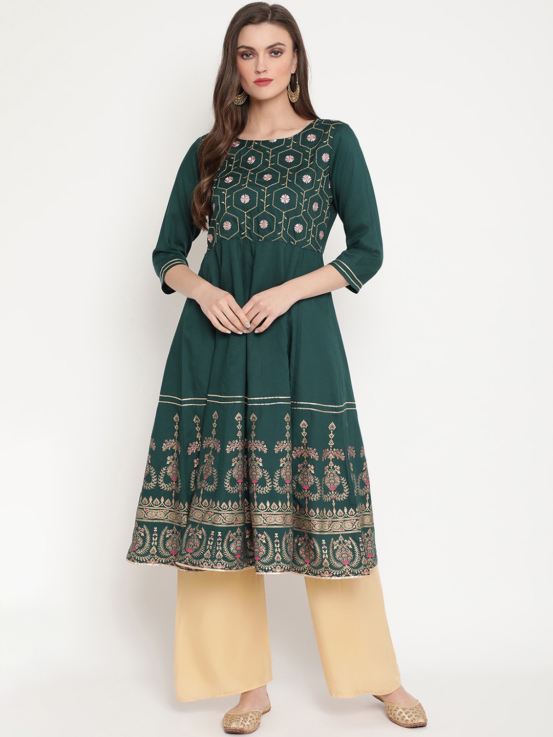 Ramas Women Green Ethnic Motifs Embroidered Thread Work Anarkali Kurta