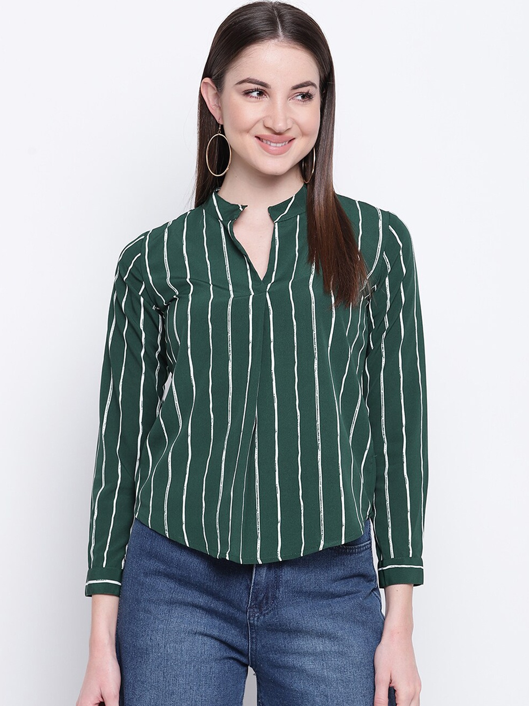 

Mayra Green & White Striped Mandarin Collar Crepe Cuffed Sleeves Regular Top