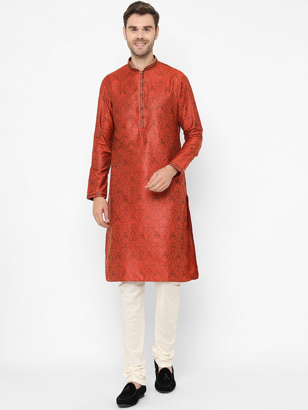 

Chitwan Mohan Men Orange & Off-White Woven Design Kurta with Churidar
