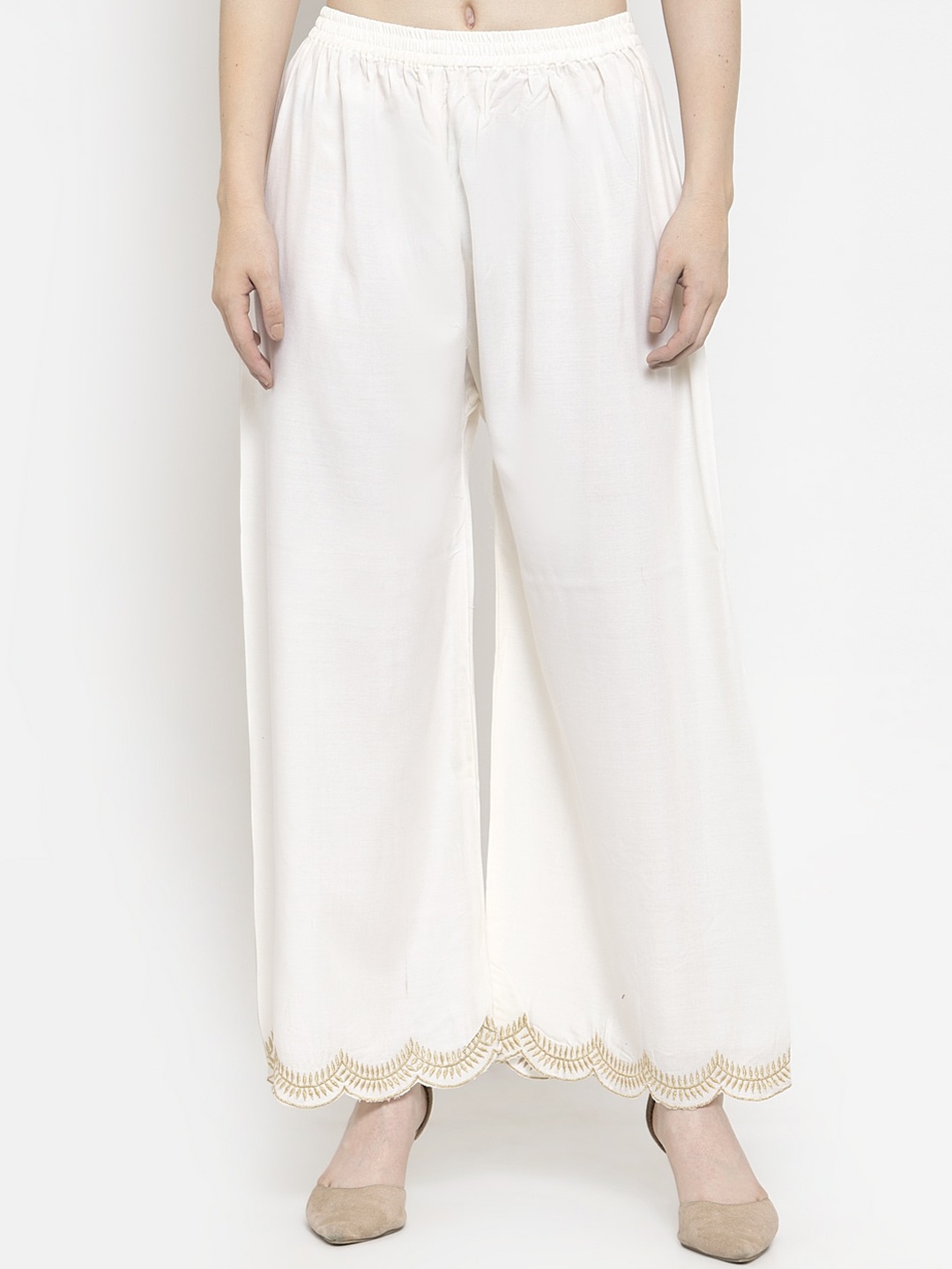 

Clora Creation Women Off-White & Gold-Toned Solid Straight Palazzos