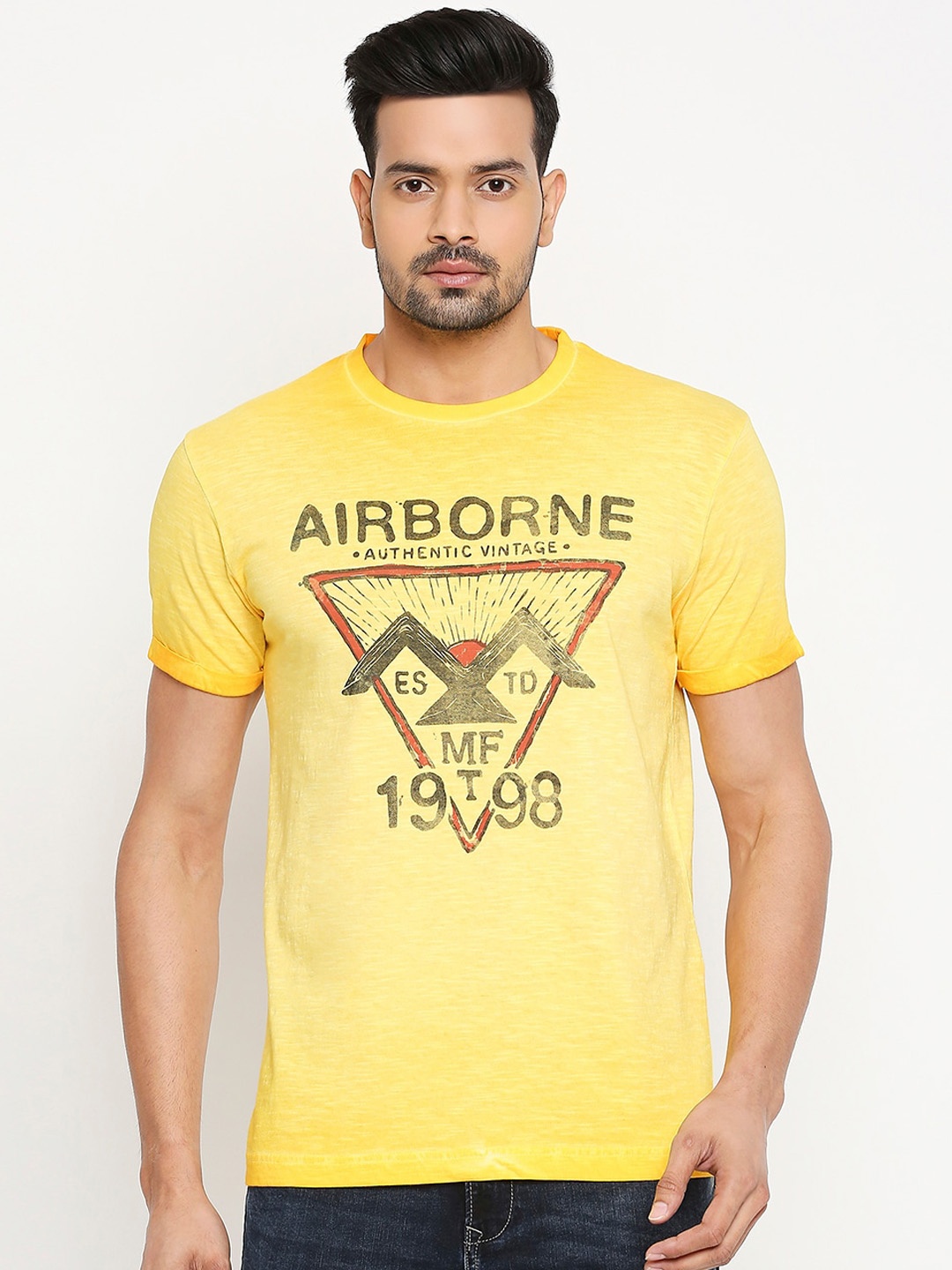 

Mufti Men Yellow Printed Round Neck Cotton Pure Cotton T-shirt