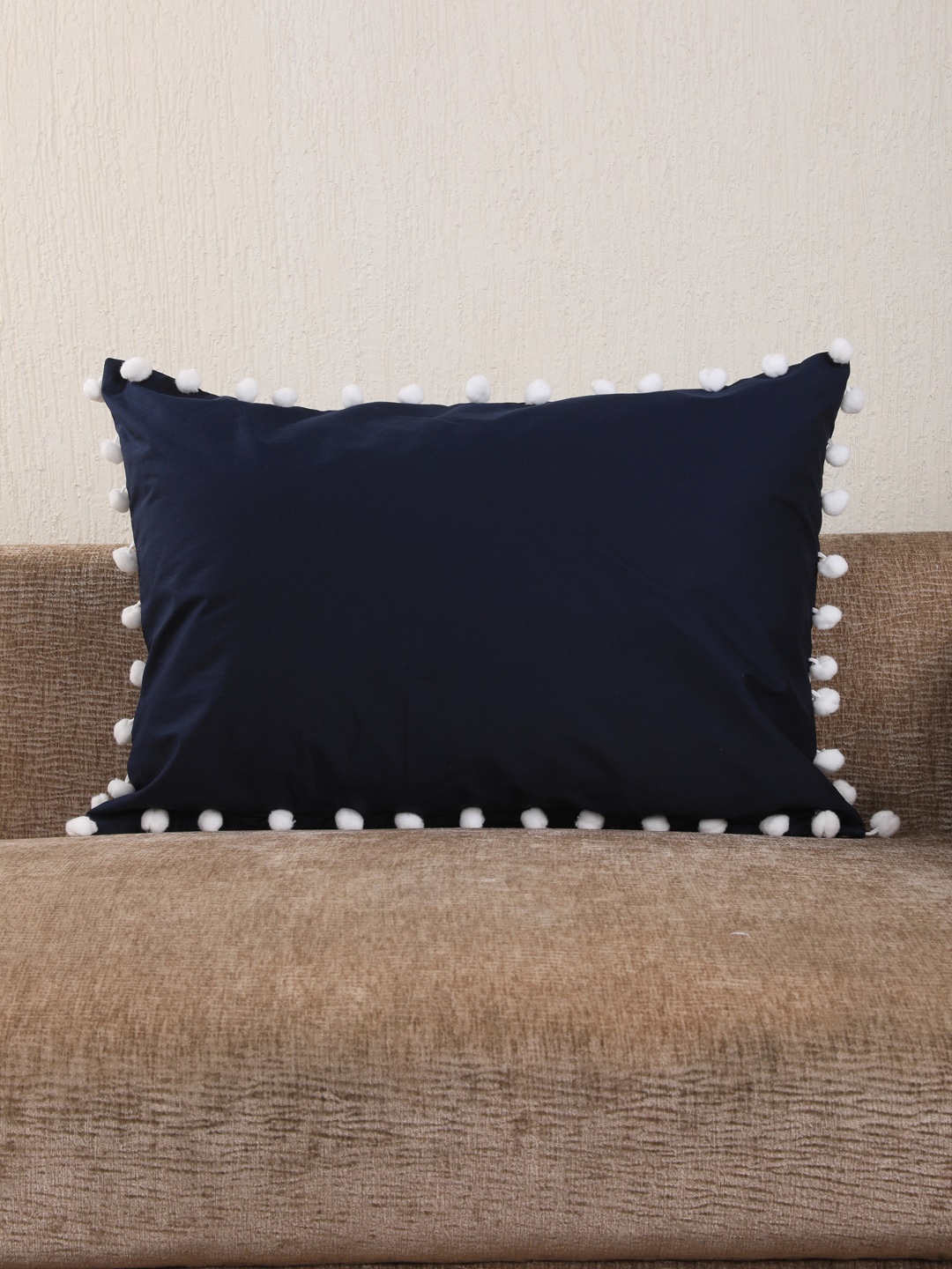 

My Gift Booth Navy Blue & White Solid Pom Pom Rectangular Pillow Cover