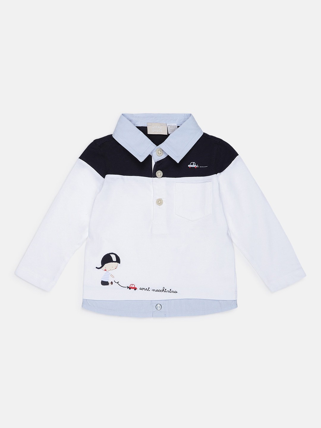 

Chicco Boys White Navy Blue Colourblocked Polo Collar Pure Cotton T-shirt