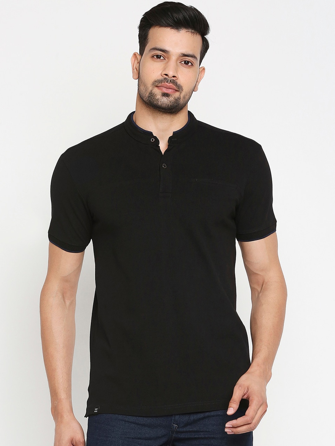 

Mufti Men Plus Size Black Solid Mandarin Collar T-shirt