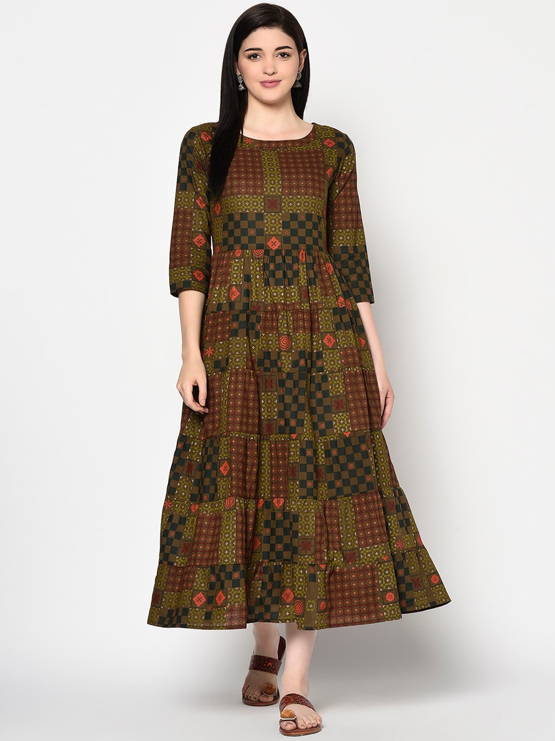 

GULMOHAR JAIPUR Women Olive Brown & Green Printed Fit and Flare Dress
