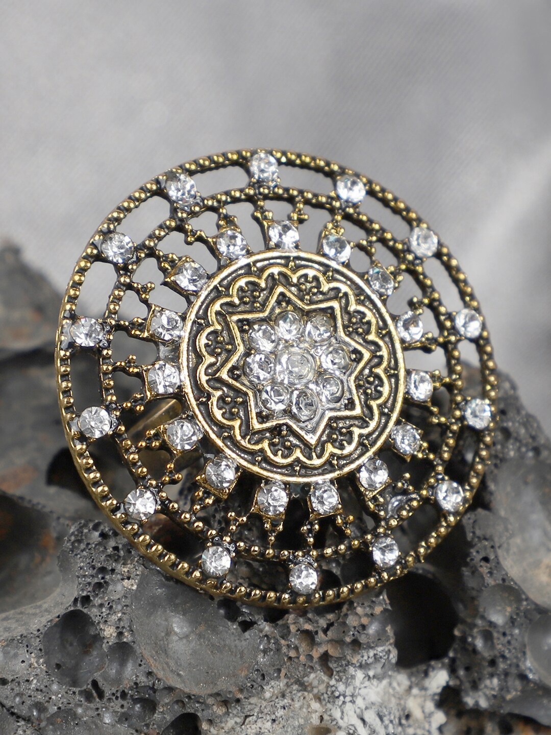 

ANIKAS CREATION Gold-Plated White Stone-Studded Adjustable Finger Ring