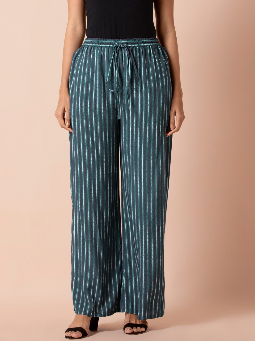 

INDYA Women Teal Green & Maroon Striped Wide Leg Palazzos