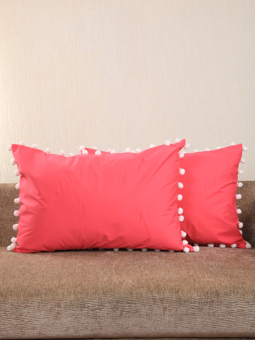 

My Gift Booth Set Of 2 Coral Red & White Solid Pom Pom Rectangular Pillow Covers