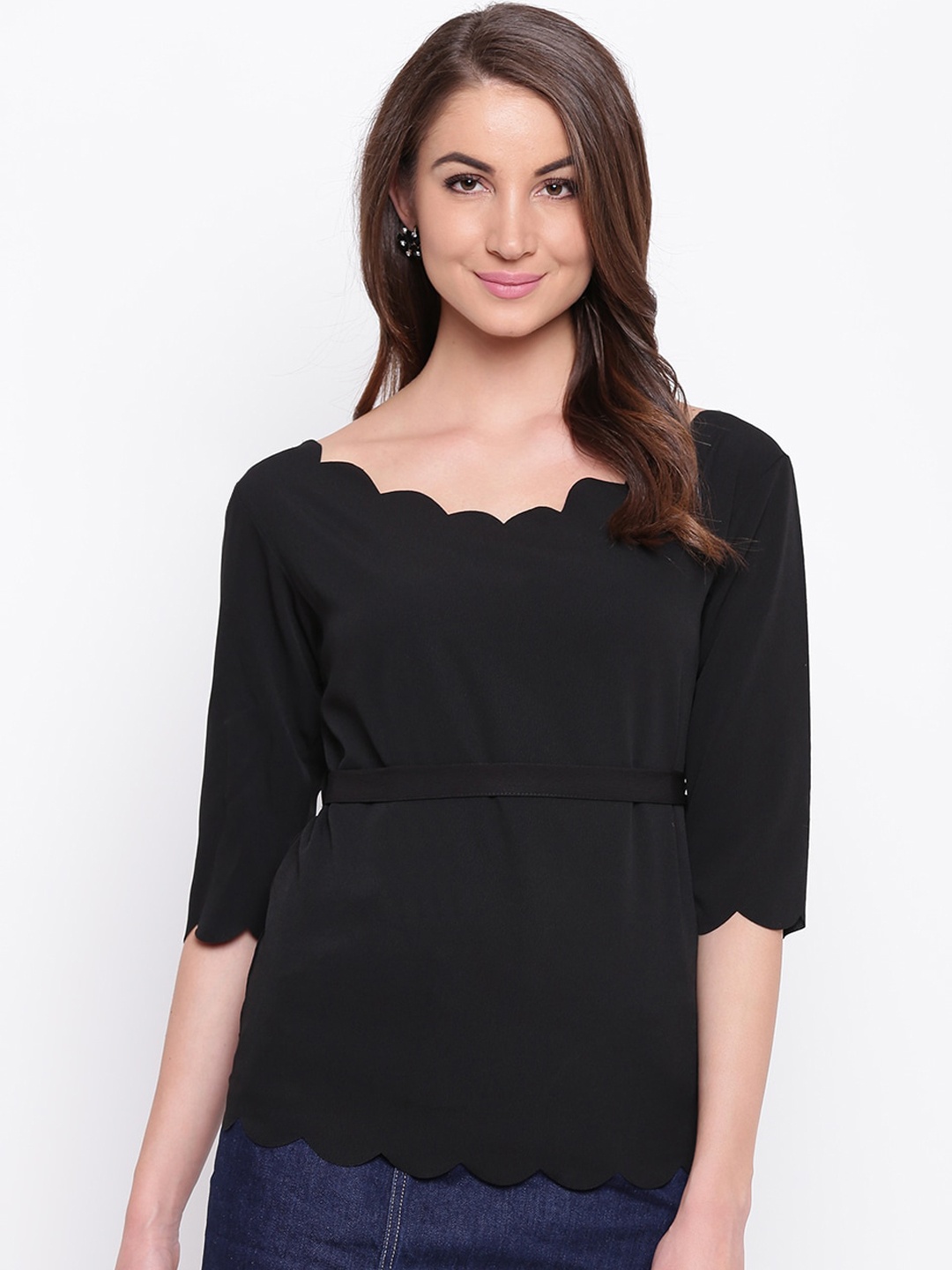 

Mayra Black Solid Cinched Waist Top