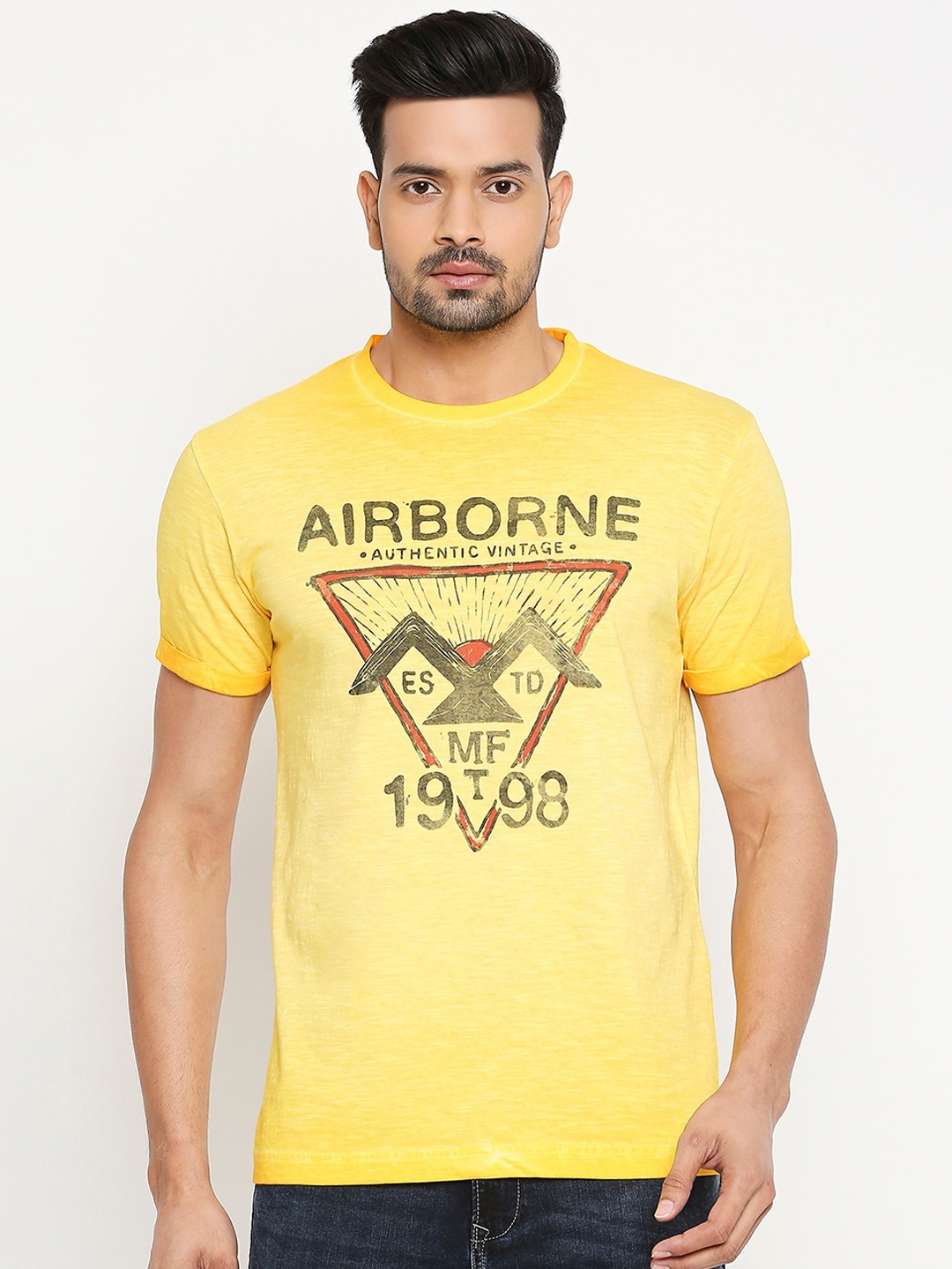 

Mufti Men Yellow Printed Round Neck Pure Cotton T-shirt