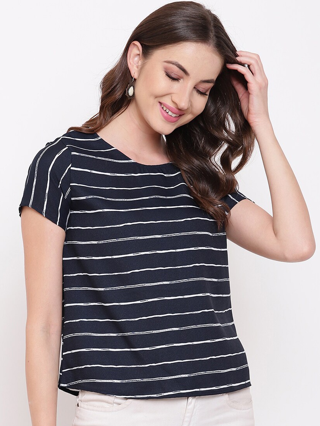 

Mayra Navy Blue & White Striped Crepe Regular Top