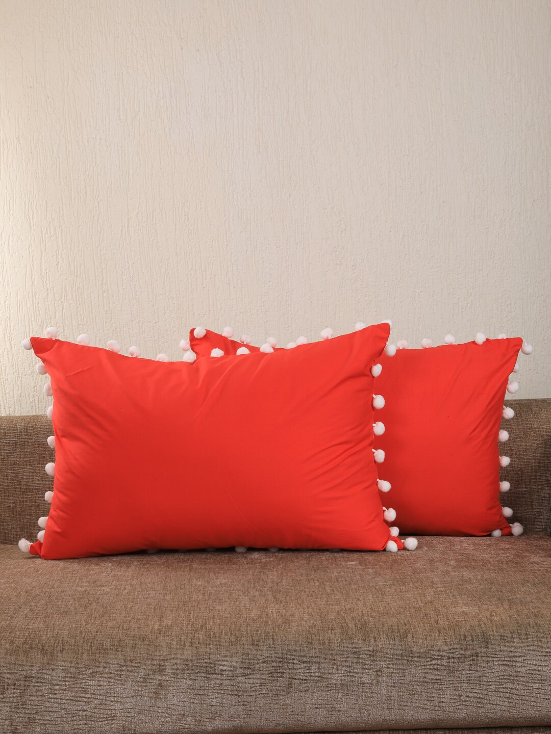 

My Gift Booth Set Of 2 Red Solid Pom Pom Pillow Covers