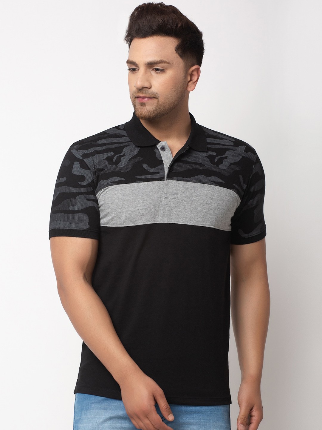 

WILD WEST Men Black Colourblocked Polo Collar T-shirt