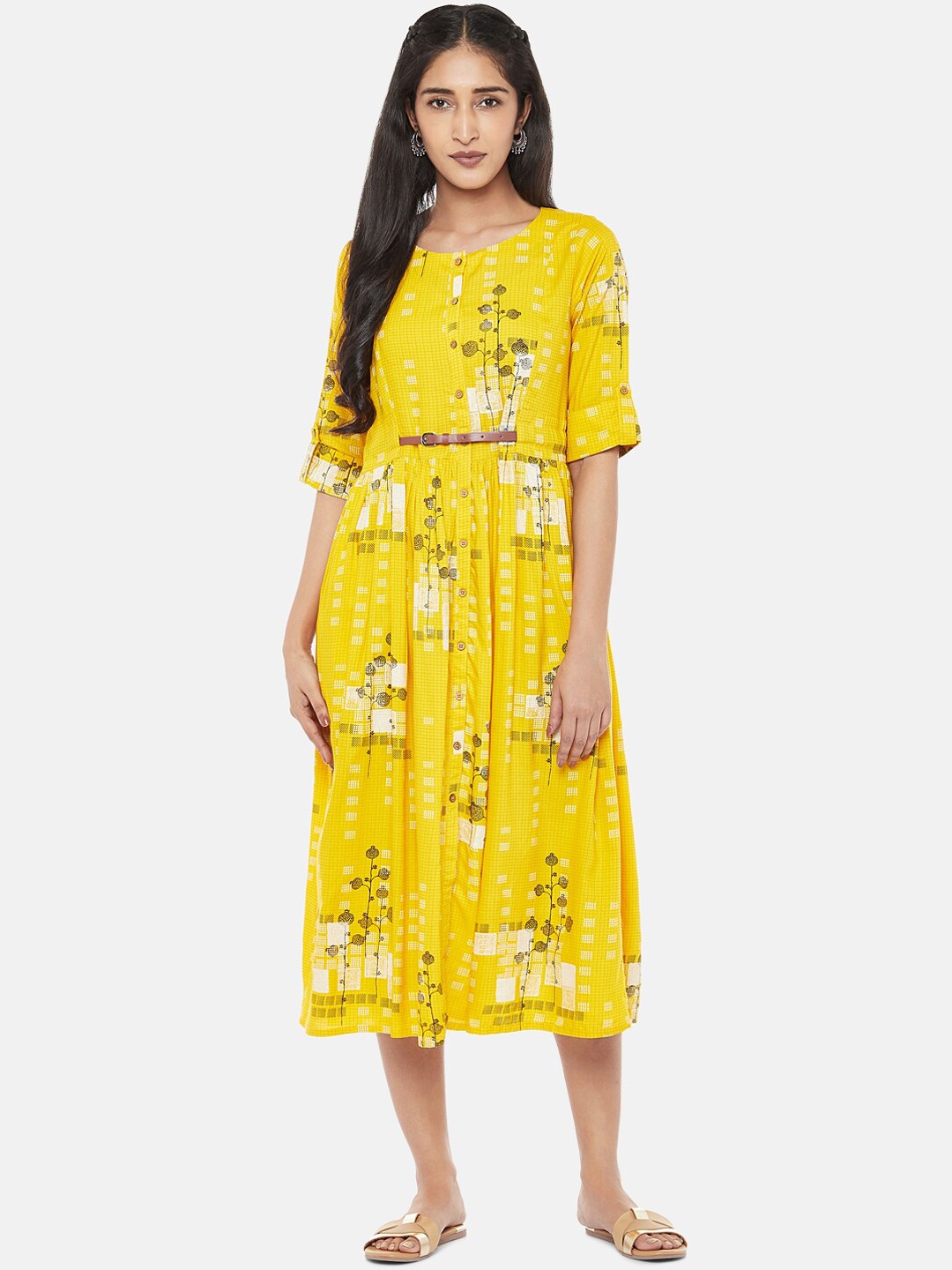 

AKKRITI BY PANTALOONS Women Mustard Printed Fit and Flare Dress